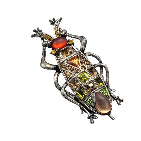 Beetle Brooch With Multicolor Frosted & Faceted Glass Stones Silver Tone Setting - Picture 3 of 7